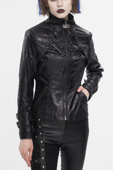 Veste Punk Femme Noire à Col Montant avec Boucles Craquelées